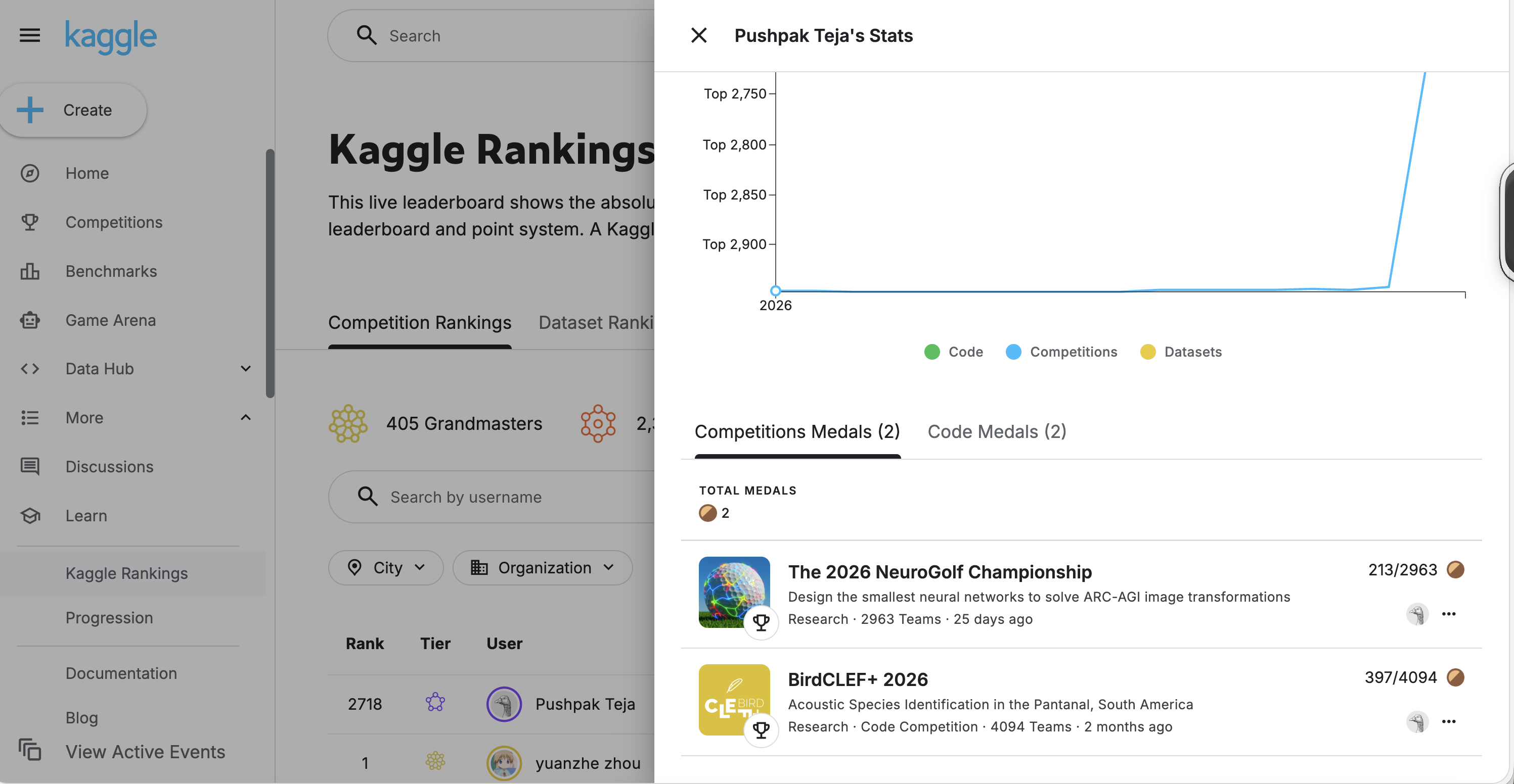 Kaggle profile showing two bronze competition medals